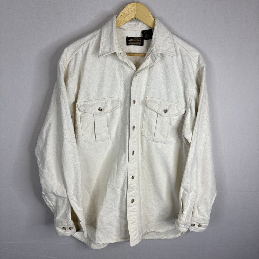 Eddie Bauer Made In USA Cotton Fleece Shirt Jacket Cream Men’s Medium Vintage
